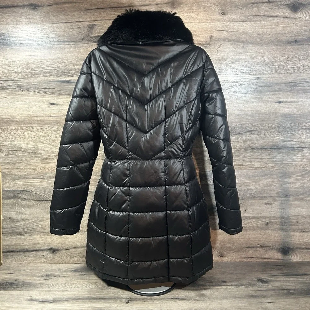 Kenneth Cole Women Silvery Mauve Black Puffer Jacket Hood Quilted Small Overcoat